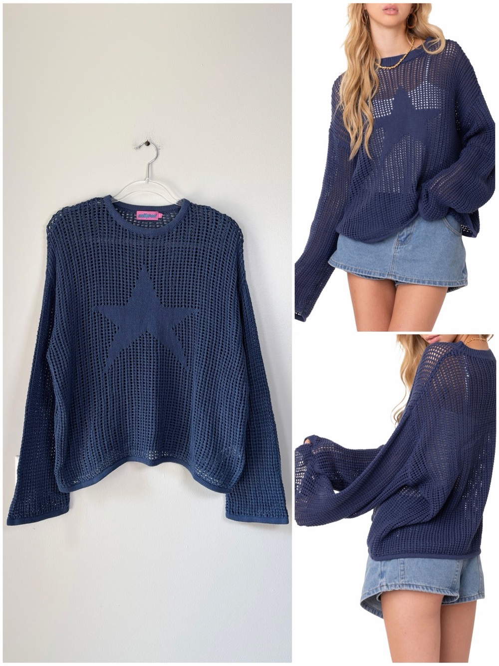 Edikted Blue Seeing Stars Oversized Open Stitch Slouchy Sweater Layering Boho